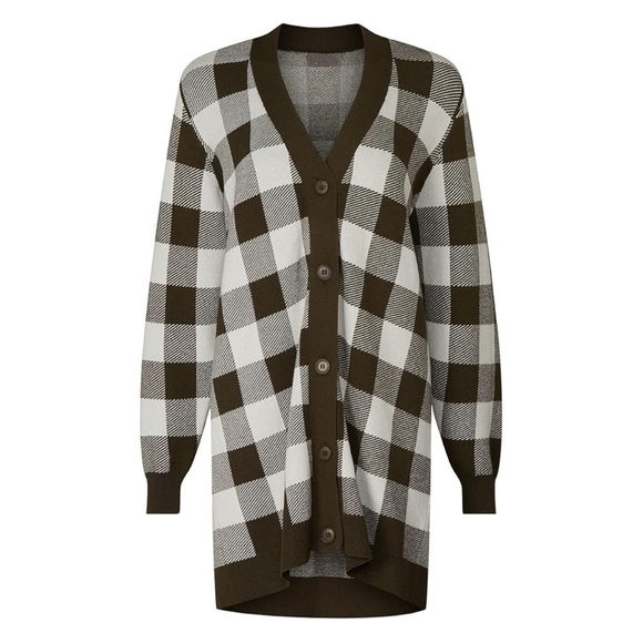 Anthropologie Sita Murt Olive Green White Checker Long Sweater Cardigan Oversize - Picture 2 of 12